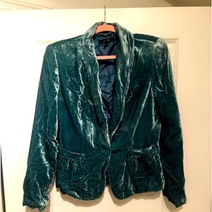 Teal crushed velvet cropped blazer with cinched back waist detail.